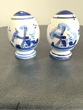 Vintage Blue & White Delft-Style Holland Windmill Egg Salt & Pepper Shakers